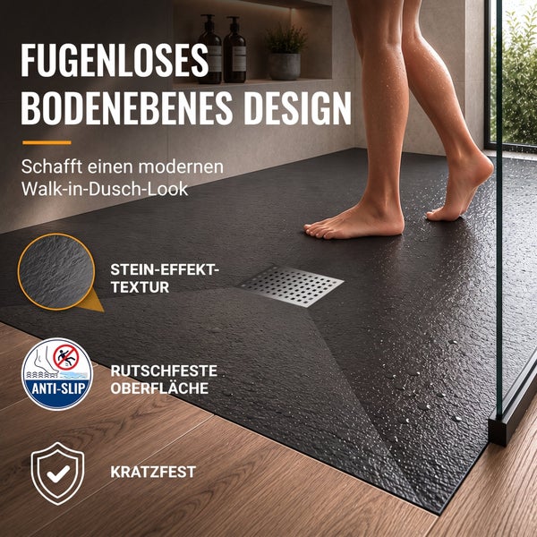 Fugenlose bodenebene Duschwanne mit Steineffekt Textur, rutschfester Oberfläche und kratzfester Eigenschaft für moderne Walk-in Duschen.