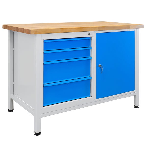 PROREGAL Werkbank Rhino mit 4 Schubladen 1 Tür HxBxT 84 x 120 x 60 cm Traglast 300 kg Lichtgrau Blau