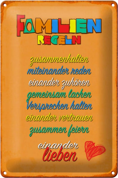 Blechschild Spruch 20x30cm Familien Regeln Schild