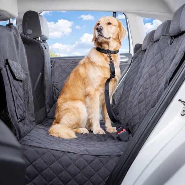 Ein Hund sitzt auf einer gesteppten Auto Rücksitzschutzdecke mit Sicherheitsgurt. Die Schutzdecke deckt die Rückbank und die Rückseiten der Sitze ab.