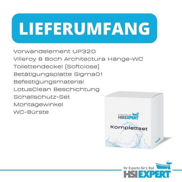 Lieferumfang eines Sanitärinstallationssets mit Vorwandelement, Hänge-WC, Toilettendeckel mit Absenkautomatik, Betätigungsplatte, Befestigungsmaterial, LotusClean Beschichtung, Schallschutz-Set, Montagewinkel und WC-Bürste, verpackt in einem Karton mit HSI Expert Logo