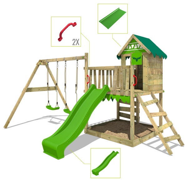 FATMOOSE Spielturm Klettergerüst JazzyJungle mit Schaukel und Rutsche, Spielhaus mit Sandkasten, Leiter und Spiel-Zubehör - rot