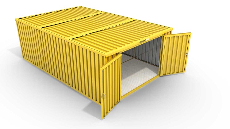 Lagercontainer Gerätehaus XL3  – 32 qm, H2150 x B5080 x T6520 mm, Außenwandlackierung RAL 1003 signalgelb, Dach außen verzinkt, mit Holzfußboden, 2750 mm Doppelflügeltür mittig in Stirnseite, montiert