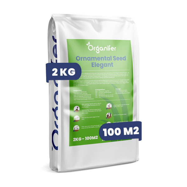 Organifer Rasensamen Ornamental Seed Elegant, 2 Kilogramm Packung für eine Fläche von 100 Quadratmetern.