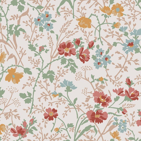 Tapete mit floralem Blumenmuster im Vintage Stil für eine wohnliche Wandgestaltung.