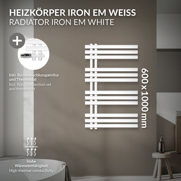 LuxeBath Badheizkörper Iron EM 600x1000 mm Weiß Mittelanschluss mit Anschlussgarnitur Thermostat Durchgang Boden, Design Heizkörper Bad Heizung Handtuchwärmer Handtuchtrockner Handtuchheizkörper