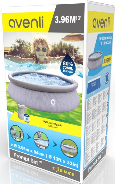 Avenli Prompt Set Pool Verpackung mit Informationen zu Größe, Wasserkapazität und Aufbau