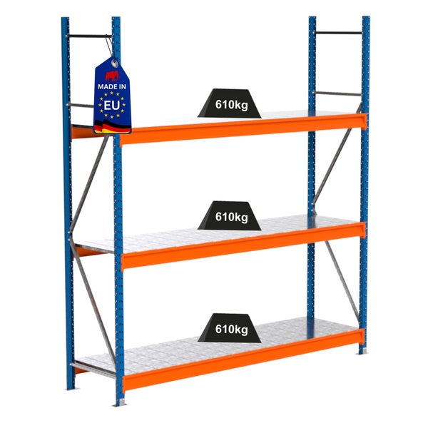 Lagerregal mit drei Ebenen und dem Hinweis 'Hergestellt in der EU'