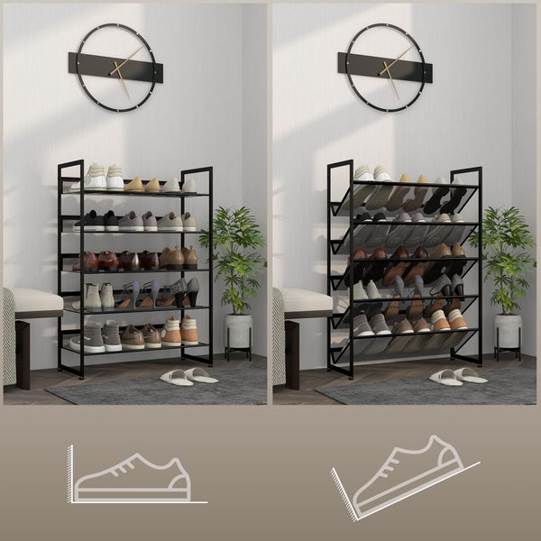 HOMCOM Schuhregal, Schuhständer mit 5 Ebenen, Schuhablage für max. 15 Paar Schuhe, Schuh-Organizer mit Griff für Eingang, Schlafzimmer, Stahl, 72 x 30 x 102 cm, Schwarz