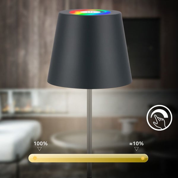 Briloner Calida 3 in 1 RGBW LED Tischlampe kabellos IP44, Dimmbar, Touch, Höhenverstellbar, Spritzwasserschutz, Anthrazit, 36 x Ø10,5 cm