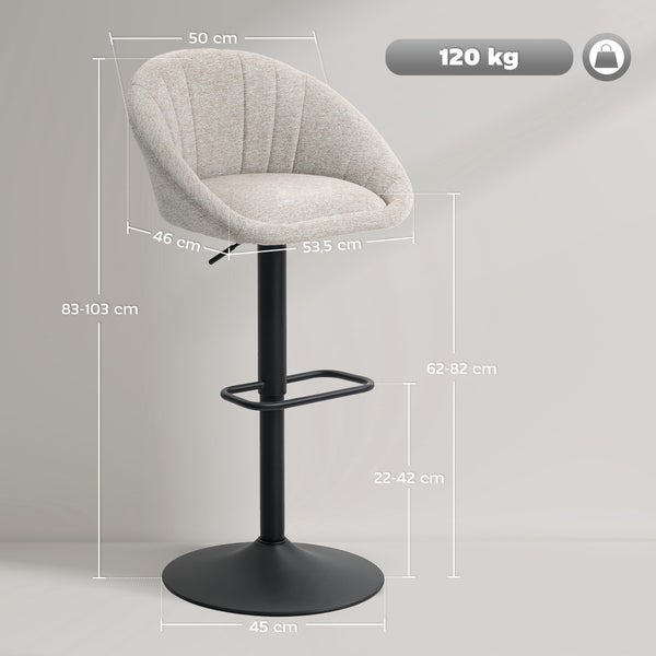 Gepolsterter Barhocker in Beige mit schwarzem Metallgestell. Breite 50, Tiefe 46, Höhe 83 bis 103 Zentimeter. Belastbarkeit 120 Kilogramm.
