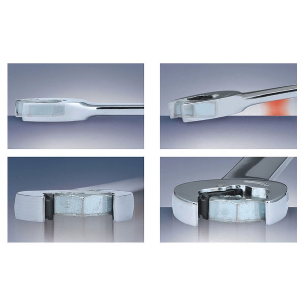 Mehrfachansicht eines Maulschlüssels beim Anziehen einer Mutter