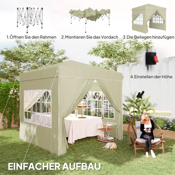 Outsunny Pavillon ca.2,5x2,5m, wasserabweisend Stabil Winterfest Pop-up Faltpavillon, UV Schutz 50+, Faltbar Partyzelt Gartenzelt mit 4 Seitenteilen Tasche Gartenpavillon für Camping Garten, Cremeweiß