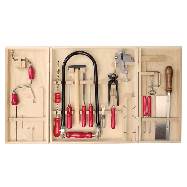 Holz Werkzeugkasten mit umfangreichem Handwerkzeugset für Kinder und Heimwerker, inklusive Laubsäge, Hammer, Schraubstock und Feilen.