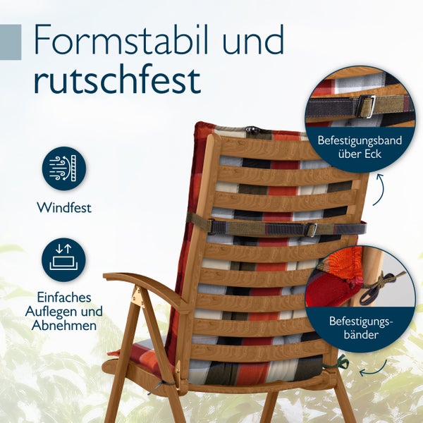 Gartenstuhl-Auflage auf Holzstuhl mit elastischem Befestigungsband über Eck und Bindekordeln für rutschfesten Halt, windfest und formstabil.