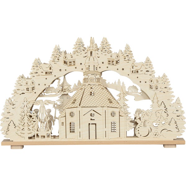 Holz Schwibbogen als Weihnachtsdekoration mit Kirche, Tannenbäumen, Häusern und Schneemann für festliche Stimmung in der Weihnachtszeit.