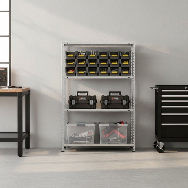 Metallregal für die Werkstatt mit Sichtlagerkästen, Werkzeugkoffern und transparenten Kunststoffboxen.