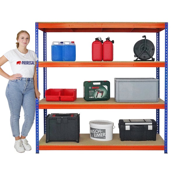 PROREGAL Mega Deal 4x Profi Schwerlastregal Bison HxBxT 200 x 200 x 60 cm 4 Fachböden Fachlast 600 kg Blau-Orange