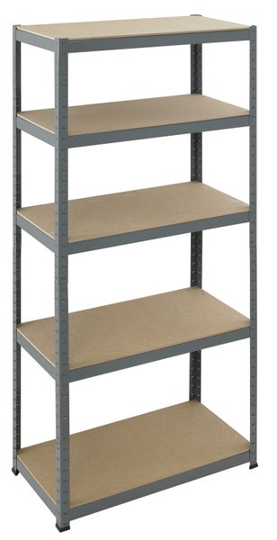 Schwerlastregal mit 5 Holzböden und grauem Metallgestell.