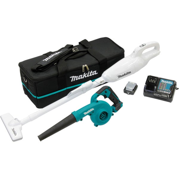 Makita Akku-Set mit Staubsauger, Gebläse, Akku, Ladegerät und Tasche