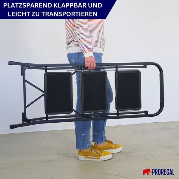 Zusammengeklappter schwarzer Klapptritt mit drei Stufen, der von einer Person getragen wird. Proregal Logo.