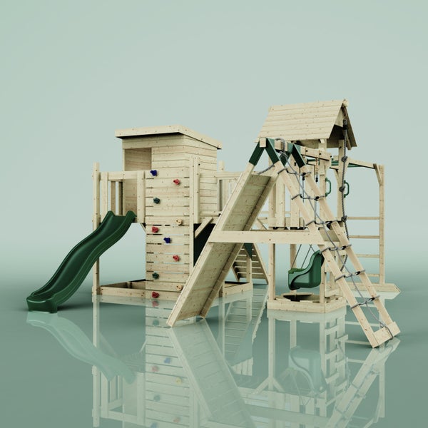 Holzspielhaus mit Rutsche, Kletterwand und Schaukel