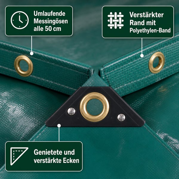 Abdeckplane mit Messingösen alle 50 Zentimeter, verstärktem Rand mit Polyethylenband und genieteten, verstärkten Ecken.