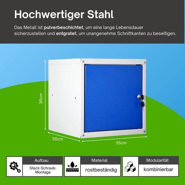 Quadratischer Schließfachwürfel aus pulverbeschichtetem Stahl, 35 mal 35 mal 35 Zentimeter, rostbeständig, kombinierbar, Steck-Schraub-Montage.