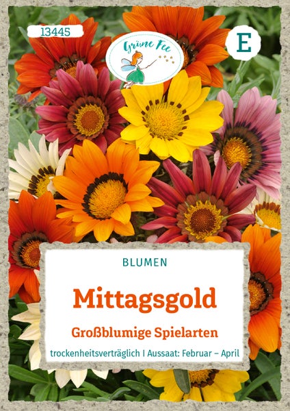 Samentüte Mittagsgold Großblumige Spielarten, Grüne Fee Logo, trockenheitsverträgliche Blumen in verschiedenen Farben, Aussaat Februar bis April.