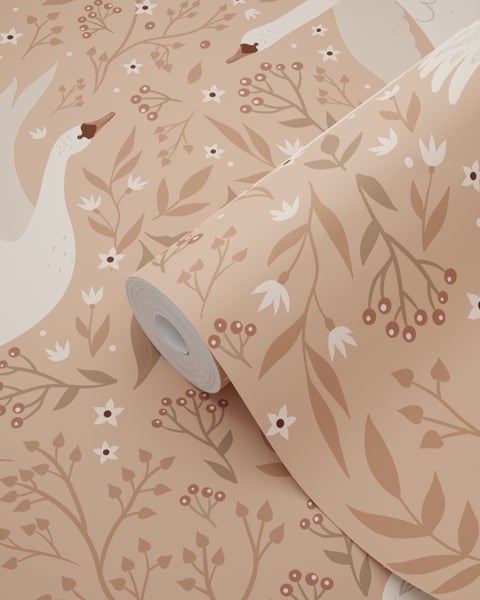 Tapetenrolle mit Schwan-, Blumen- und Beerenmuster