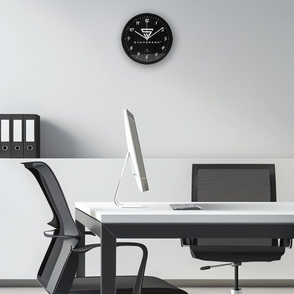 Wanduhr 30 cm schwarze Werkstattuhr mit Aluminium-Gehäuse RCC-Uhrwerk