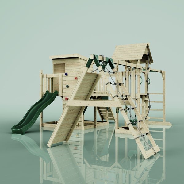 Holzspielturm mit Rutsche, Kletterwand und Seilleiter für den Garten