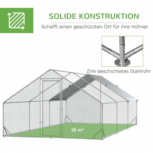 PawHut Hühnerstall, Freilaufgehege, 3 x 6 x 2 m, Stahl, Silber+Grau