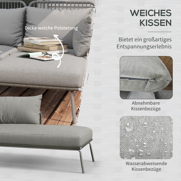Outsunny 3 tlg. Rattan Gartenmöbel-Set, Sitzgruppe mit Kissen, Gartengarnitur mit 1 Beistelltisch, 1 Liegestuhl, 1 Doppelsofa, Sitzgarnitur für Garten, Terrasse, Stahl, Hellgrau
