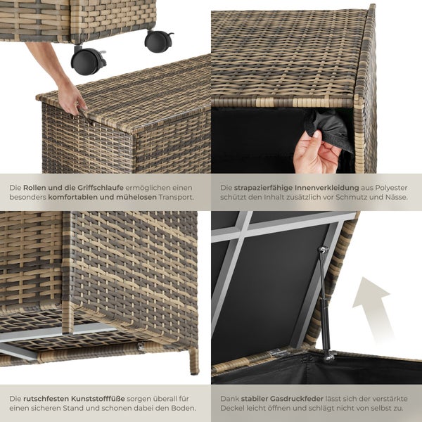 Detailansichten einer Gartenbox aus Polyrattan mit Rollen, Griffschlaufe, Polyester-Innenfutter, Kunststofffüßen und Gasdruckfeder am Deckel.