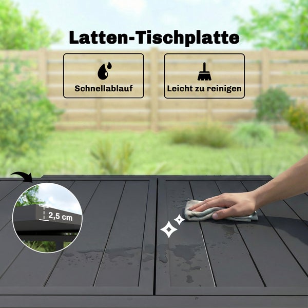 Latten-Tischplatte mit einer Stärke von 2,5 Zentimetern, schnellem Wasserablauf und einfacher Reinigung.