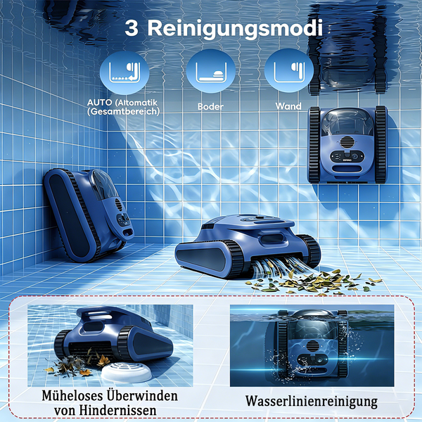 Poolroboter mit drei Reinigungsmodi für Boden, Wand und Wasserlinie sowie Funktion zur Hindernisüberwindung im Schwimmbecken.