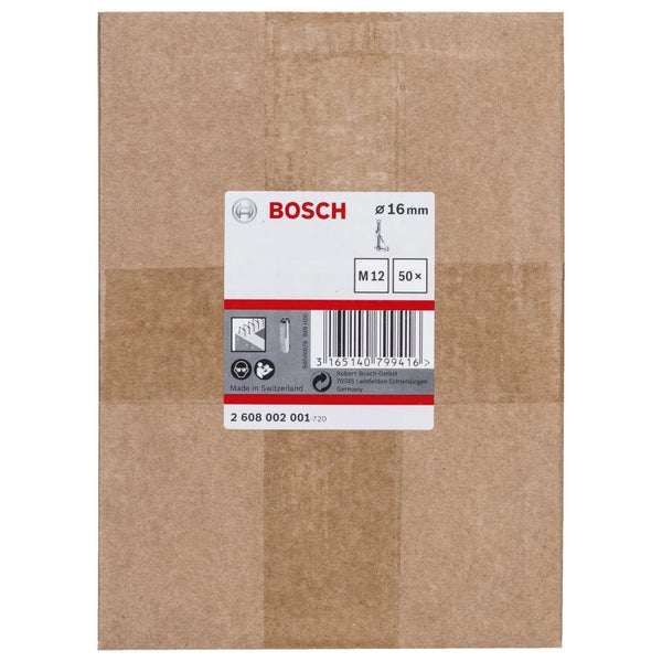 Bosch Logo. Dübel Durchmesser 16 mm, Gewinde M12, 50 Stück. Hergestellt in der Schweiz.