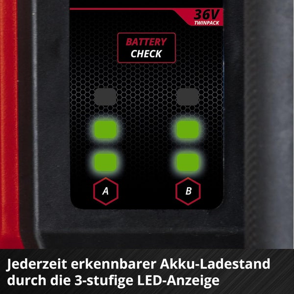 3-stufige LED-Ladestandsanzeige für zwei 36-Volt-Akkus zur einfachen Kontrolle des Batteriestatus.