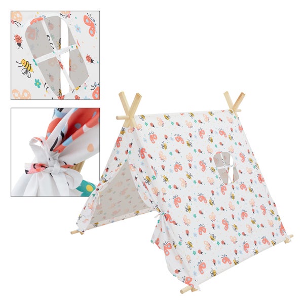 ECD Germany Tipi Spielzelt für Kinder 117x108x105 cm , Indianerzelt Weiß mit bunten Motiven, drinnen/draußen, Teepee Kinderzelt mit 2 Türen und einem Fenster, Kinderzimmer Spielhaus für Mädchen/Jungen