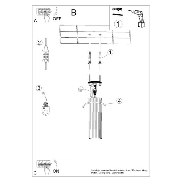 Montageanleitung für eine Deckenleuchte mit grafischen Darstellungen der einzelnen Montageschritte.