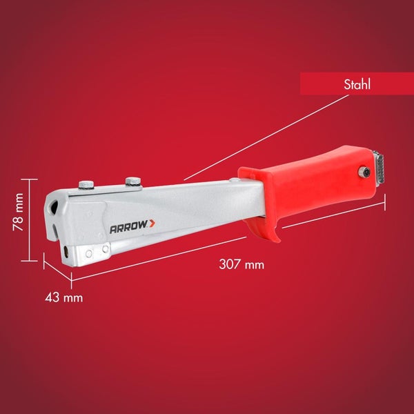 Arrow Schlagtacker aus Stahl mit den Maßen 307 Millimeter Länge, 78 Millimeter Höhe und 43 Millimeter Breite.