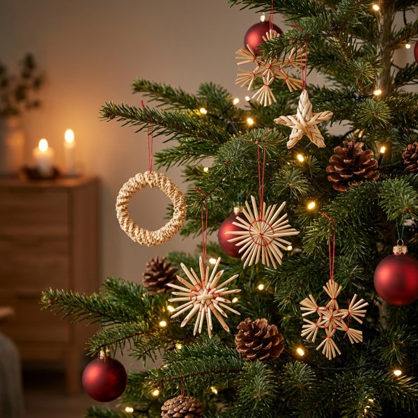 Geschmückter Weihnachtsbaum mit Strohanhängern, Tannenzapfen und roten Weihnachtskugeln sowie integrierter Lichterkette in einem Wohnzimmer.