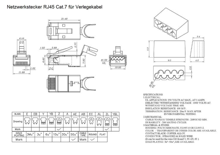 ProfiPatch RJ45 Stecker geschirmt Verlegekabel AWG22/23 Netzwerkstecker Cat.6A/6
