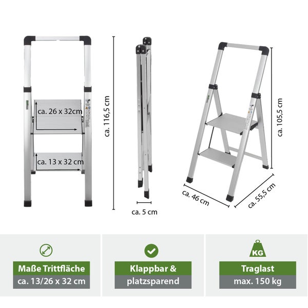 Aluminium Haushaltsleiter mit zwei Stufen und Maßangaben