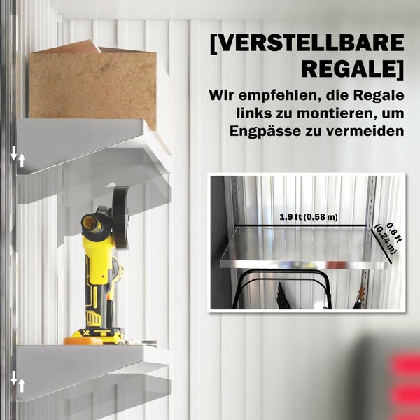 Höhenverstellbare Metallregale in einem hellen Gerätehaus mit einem Winkelschleifer und einem Karton, inklusive Maßangaben.