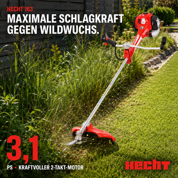 Hecht 163 Benzin-Motorsense mit 3,1 Pferdestärken Zweitaktmotor beim Schneiden von hohem Gras und Wildwuchs im Garten.