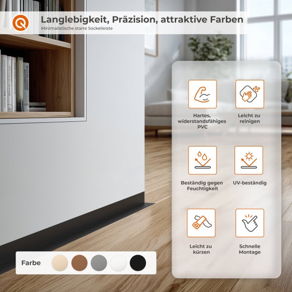 Minimalistische starre Sockelleiste aus PVC im Wohnbereich mit Übersicht der Produkteigenschaften und Farboptionen.