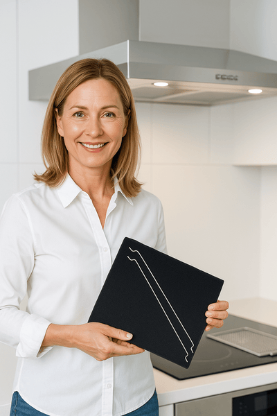Frau hält Dunstabzugshaubenfilter in der Hand