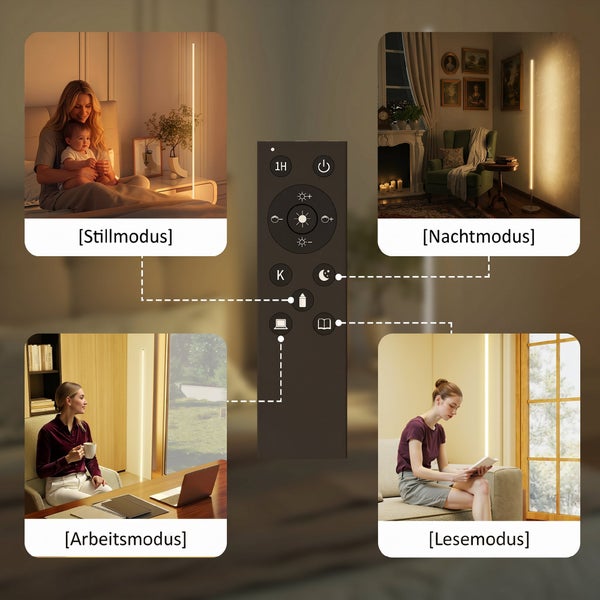 LED-Stehleuchte mit Fernbedienung und vier Beleuchtungsmodi: Stillmodus, Nachtmodus, Arbeitsmodus und Lesemodus.